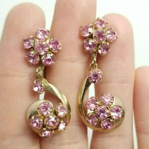 Vintage Pink Rhinestone Dangle Clip On Earrings Floral Design, Gold Tone Setting